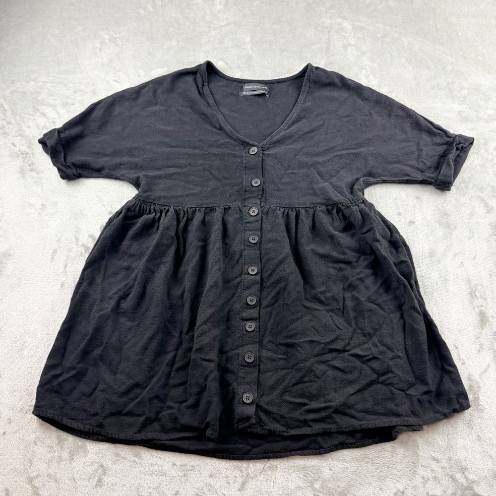 Urban Outfitters Black‎ Button Down Babydoll Top Rayon Linen Blend Women's XS